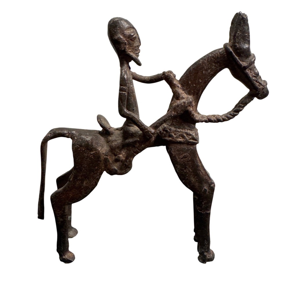 Vintage Dogon Bronze Horse and Rider Sculpture Mali West African Tribal Art